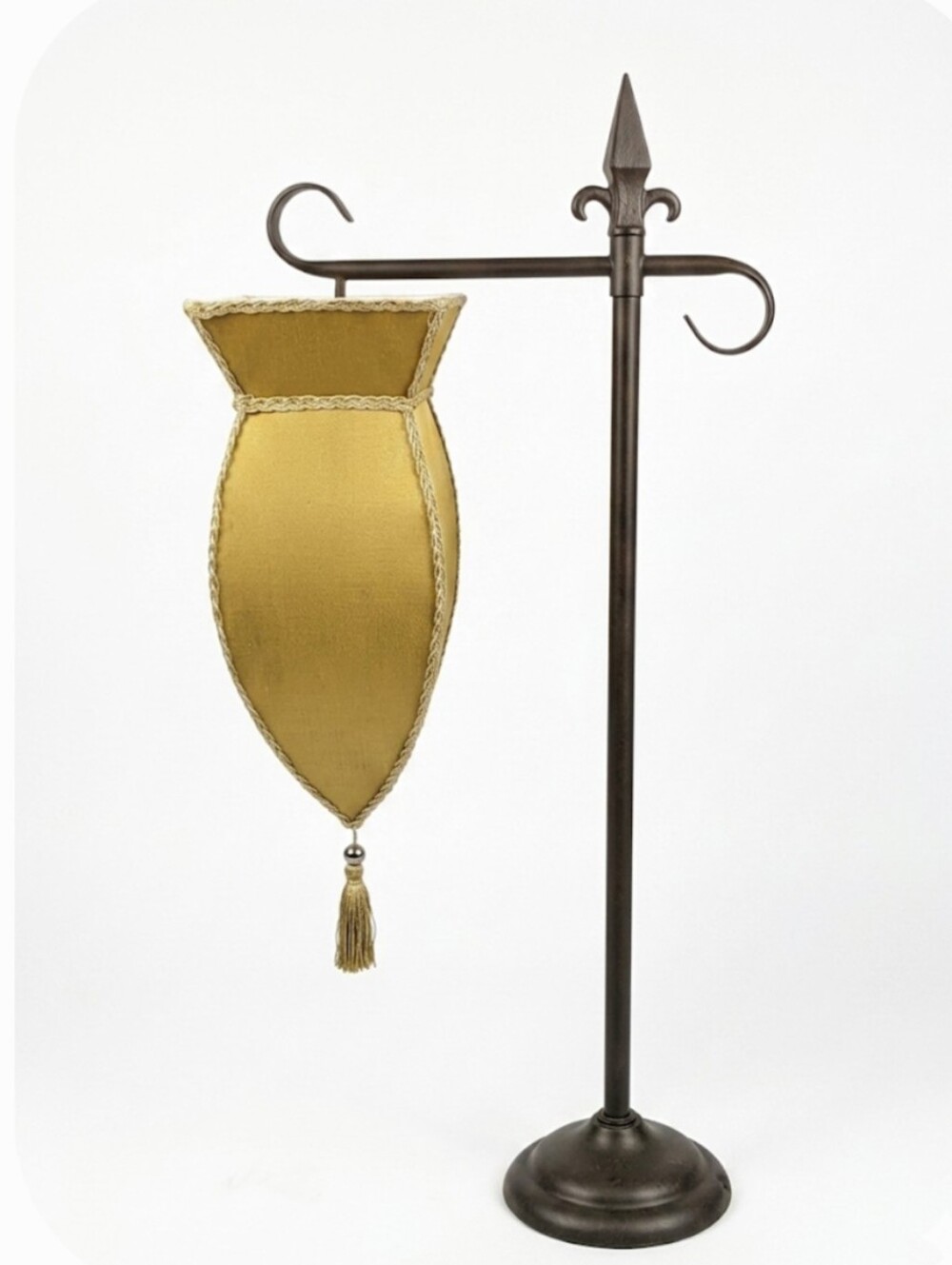 Vintage Gothic Wrought Iron Table Lamp Fleur De Lis Hanging Tassel Shield Shade